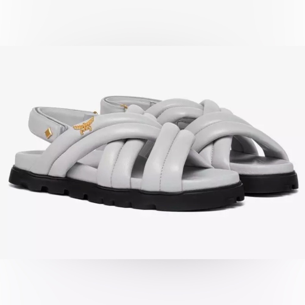 MCM Grey Cross Sandals in Lamb Leather With 24kt Gold Hardware - Womens Size 40